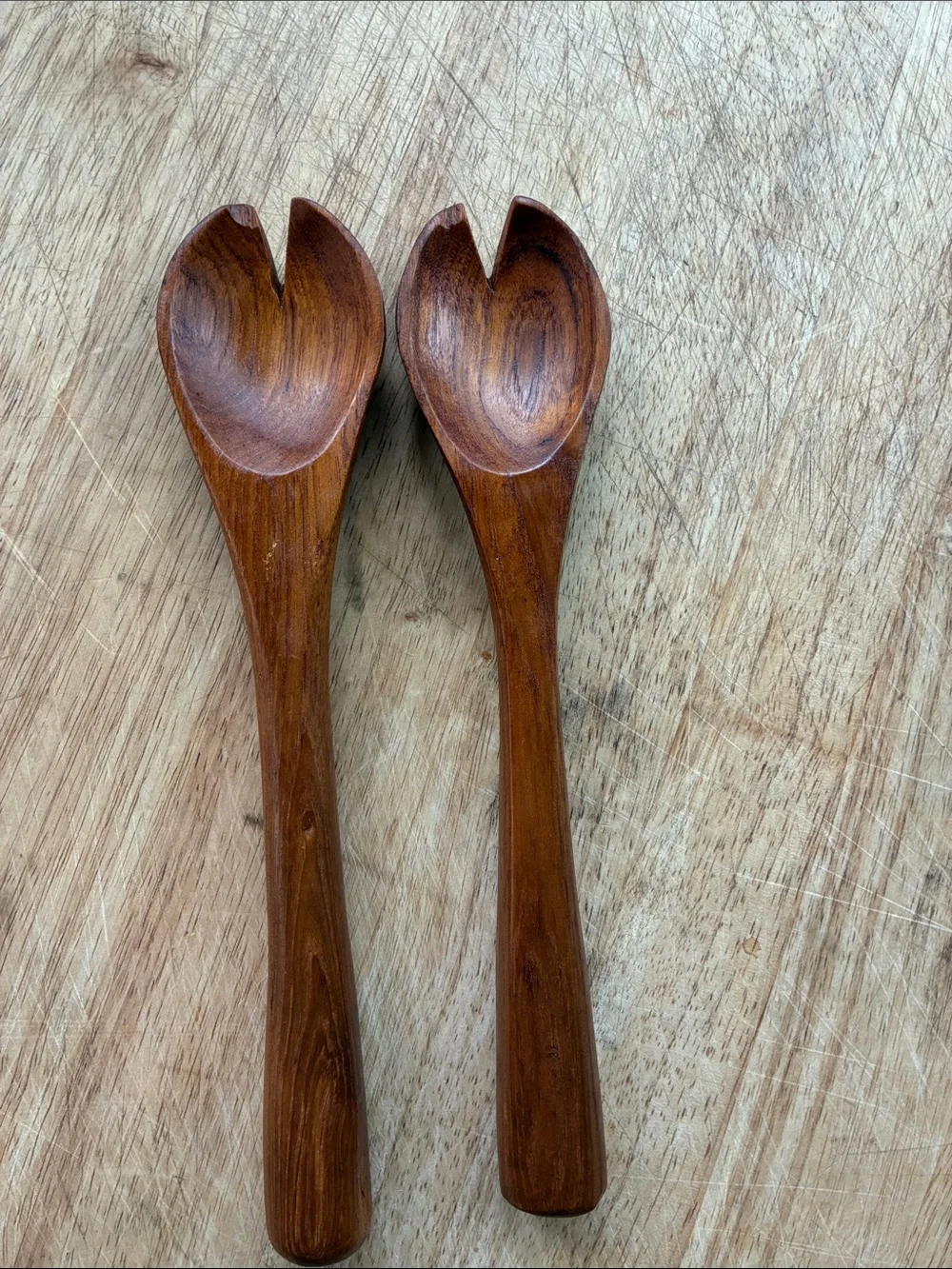 Teak Fat Bottom Wooden Salad Serving Spork Set Super Heavy Substantial Danish